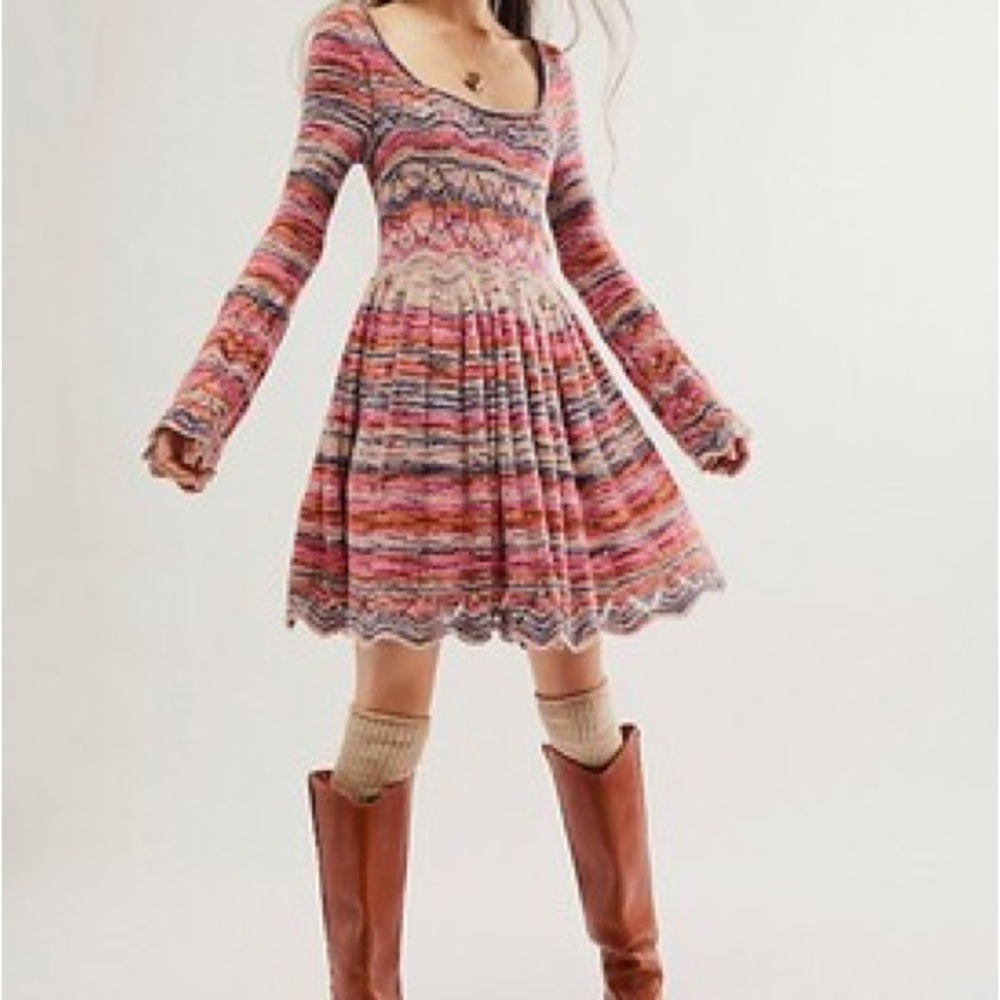 Free People Knit Bell Sleeve, Flowy Dress | Pink & Purple | Medium